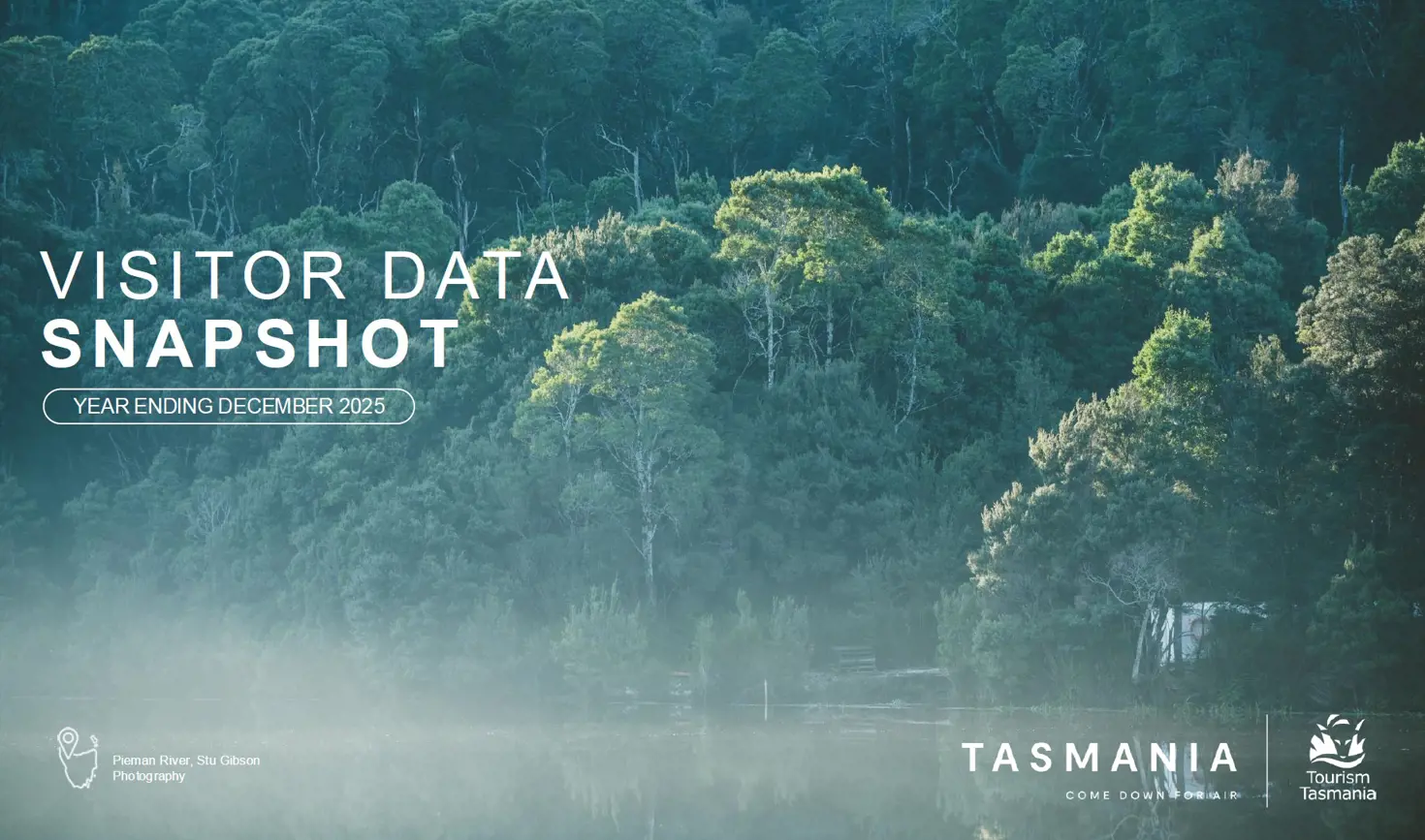 Cover of Tourism Tasmania's Visitor Data Snapshot for year ending December 2025, featuring the misty Pieman River, Corinna