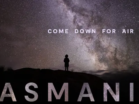 Tasmania Come Down For Air brand image showing a person silhouetted on a hilltop beneath the Milky Way in a night sky