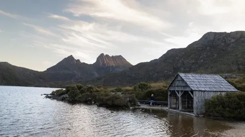 The Dove Lake boatshed with Cradle Mountain in the background, Cradle Mountain-Lake St Clair National Park, Tasmania