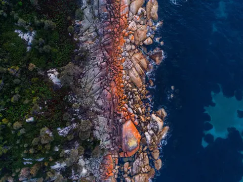 Aerial view of orange lichen covered granite boulders meeting deep blue ocean at larapuna / Bay of Fires area