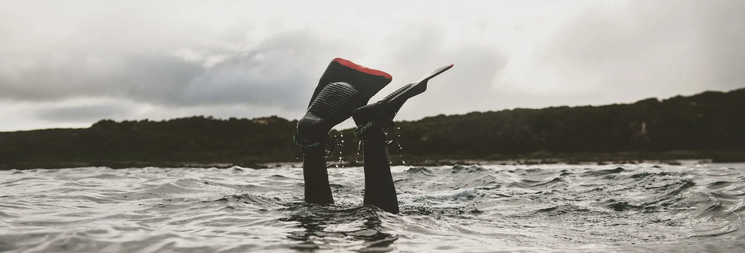 A diver's wetsuit boots and fins poke above the water surface at King Island on an overcast day